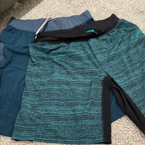 Lululemon Men Teal and Black Patterned Athletic two (2) pairs of Shorts - large